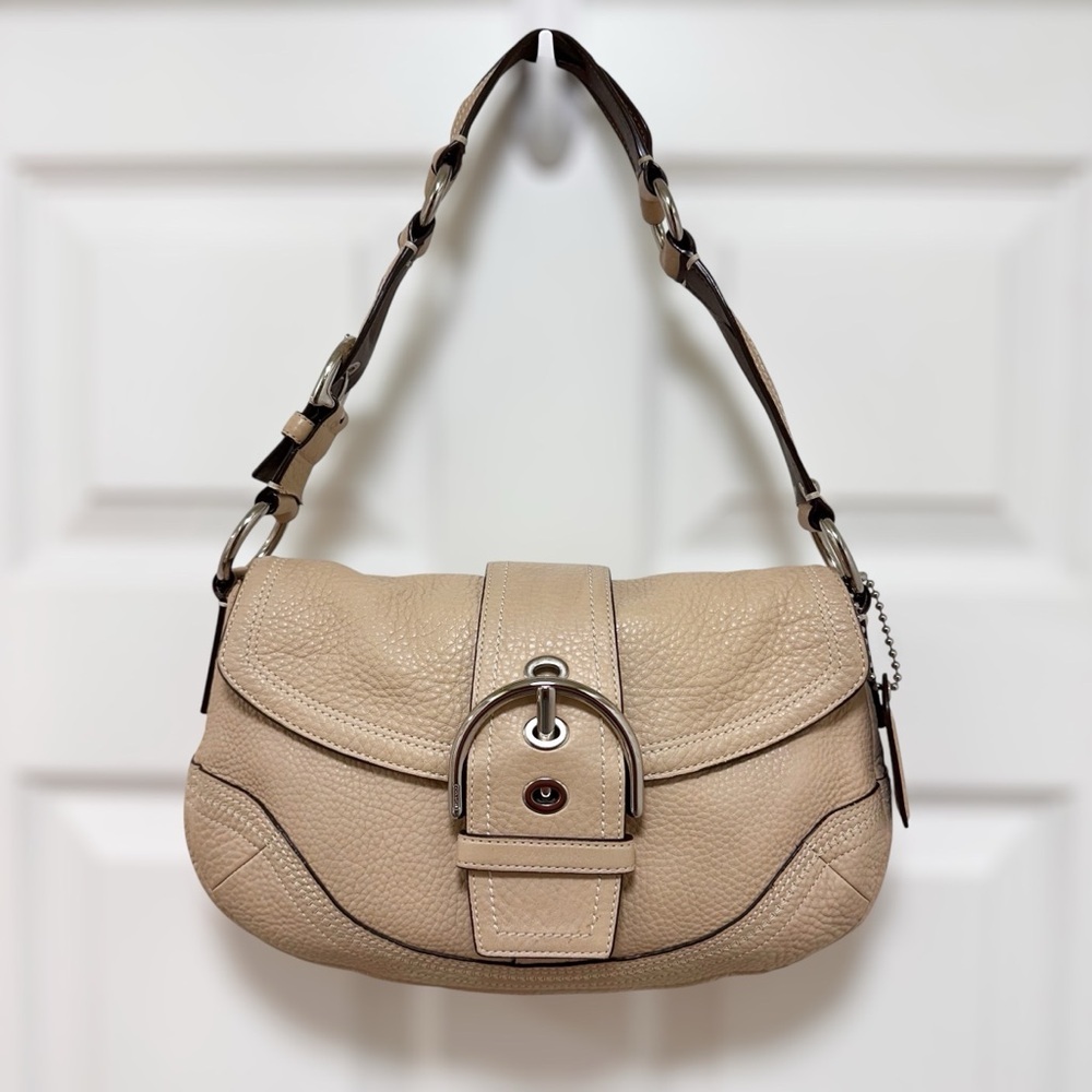 Coach Soho Large Flap Shoulder Bag Sand Beige Pebbled Leather Buckle